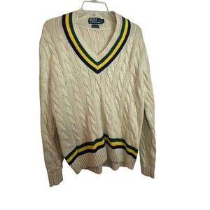 Polo Ralph Lauren Cricket Sweater Varsity VTG Cable Knit White Tennis Large